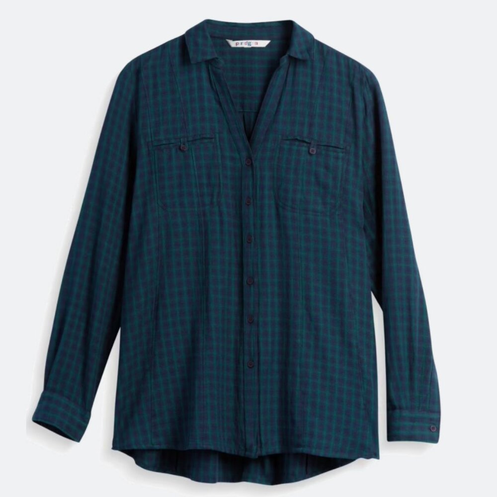 Paradigma Jaylen Button Down Plaid Flannel Top, Size Medium, Dark Green & Navy